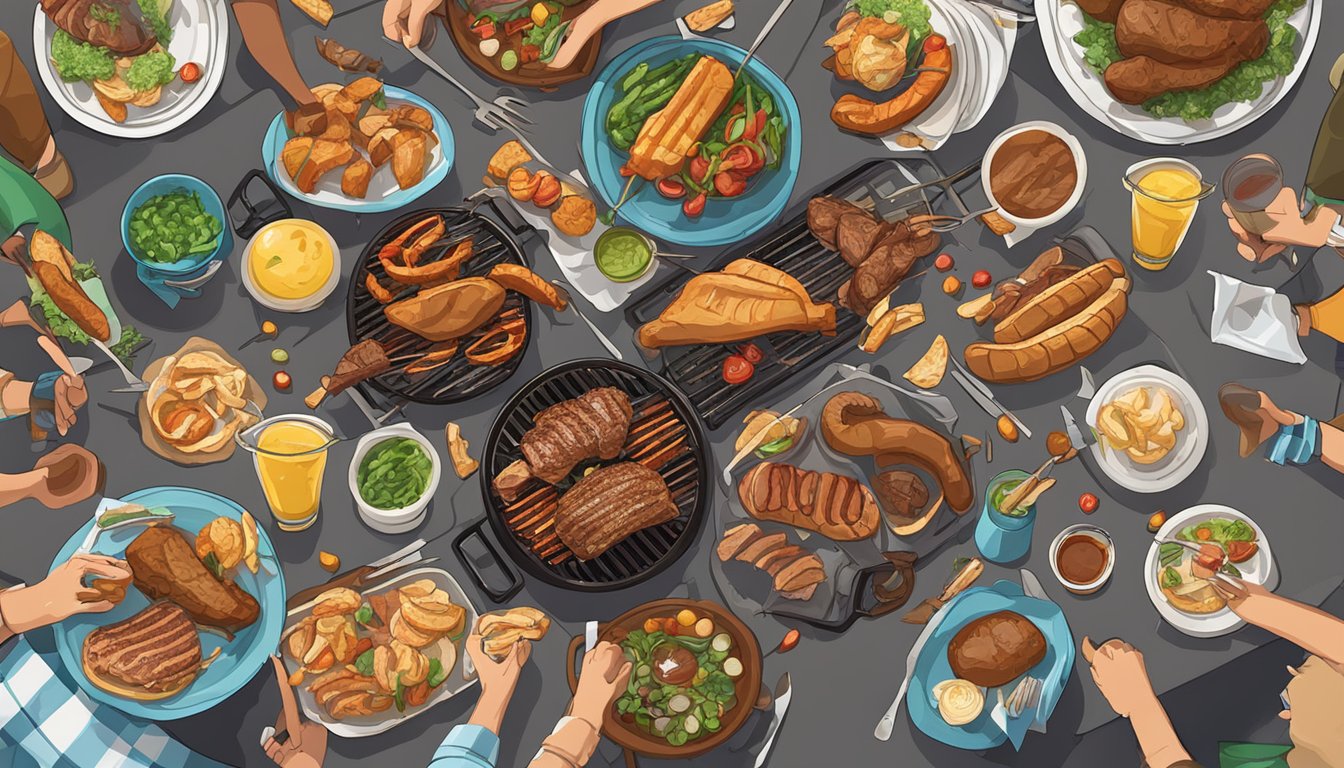 A bustling outdoor BBQ event with colorful decorations, a variety of grilled meats, and a festive atmosphere. Leftover bones and meats being repurposed for creative dishes