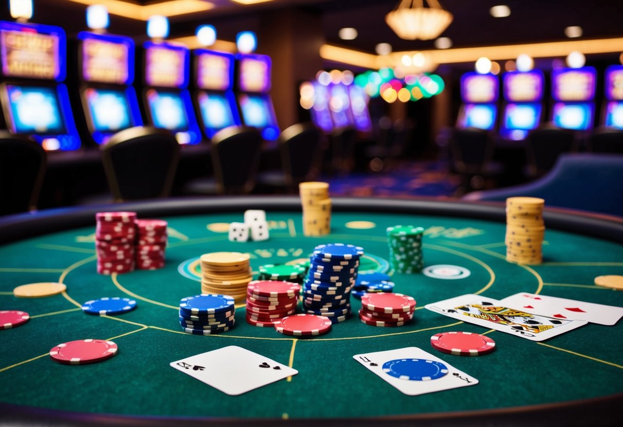 Colorful casino chips scattered on a green felt table with cards and dice, surrounded by flashing slot machines and bright neon lights