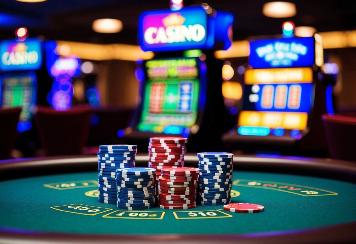 A colorful casino setting with chips, cards, and slot machines