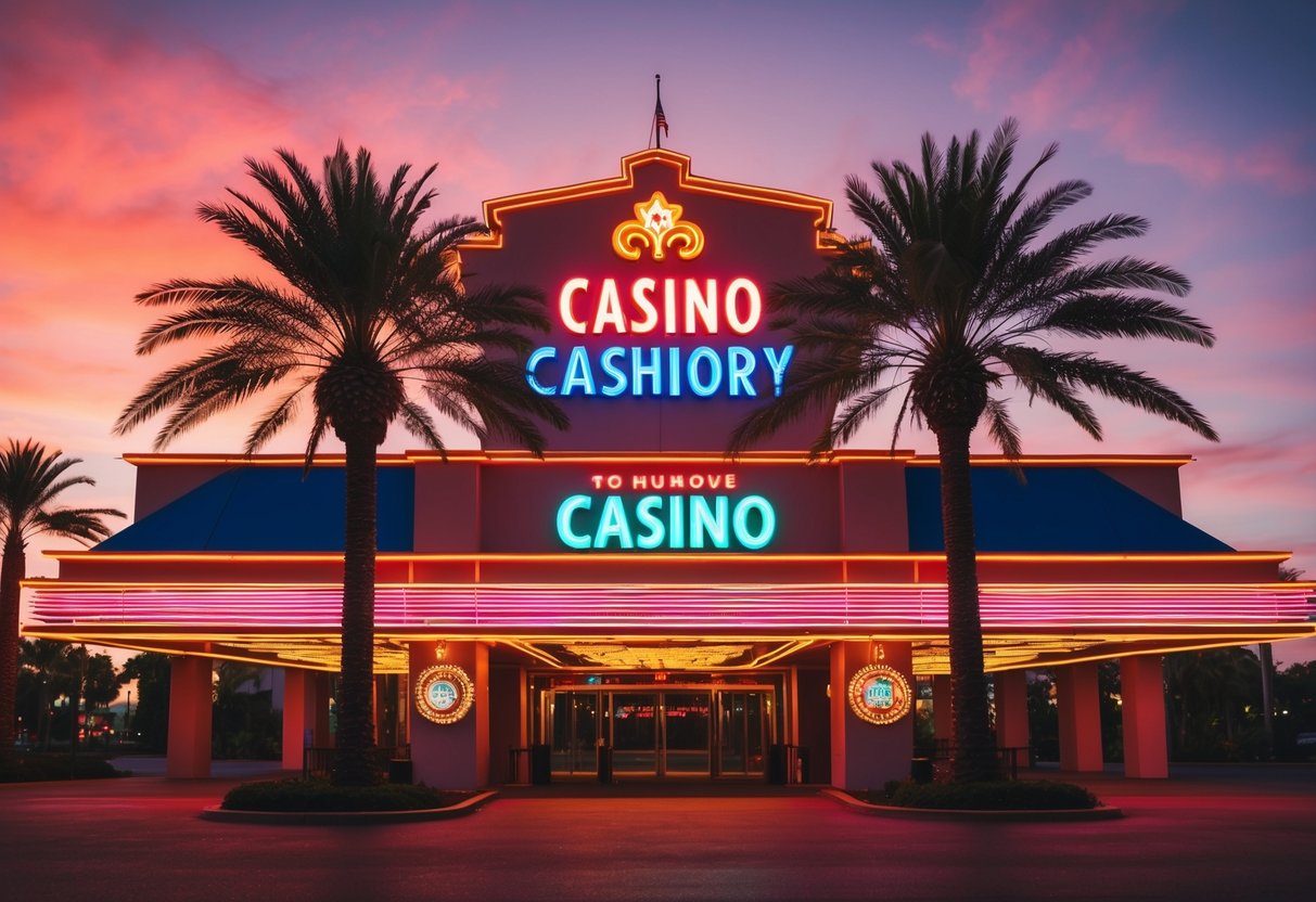 A neon-lit casino entrance with a glowing sign and palm trees