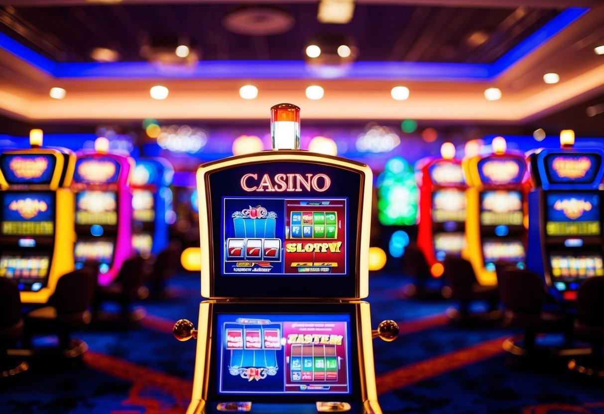 A colorful casino with bright lights and slot machines