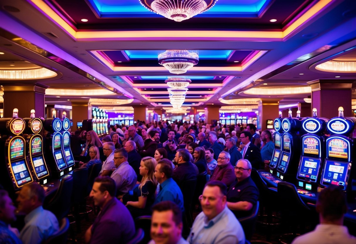 A colorful casino with neon lights and slot machines, surrounded by a bustling crowd of excited gamblers