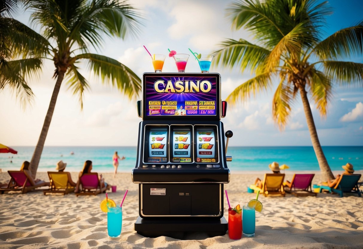 A tropical beach with palm trees, colorful cocktails, and a casino slot machine surrounded by bikini-clad sunbathers