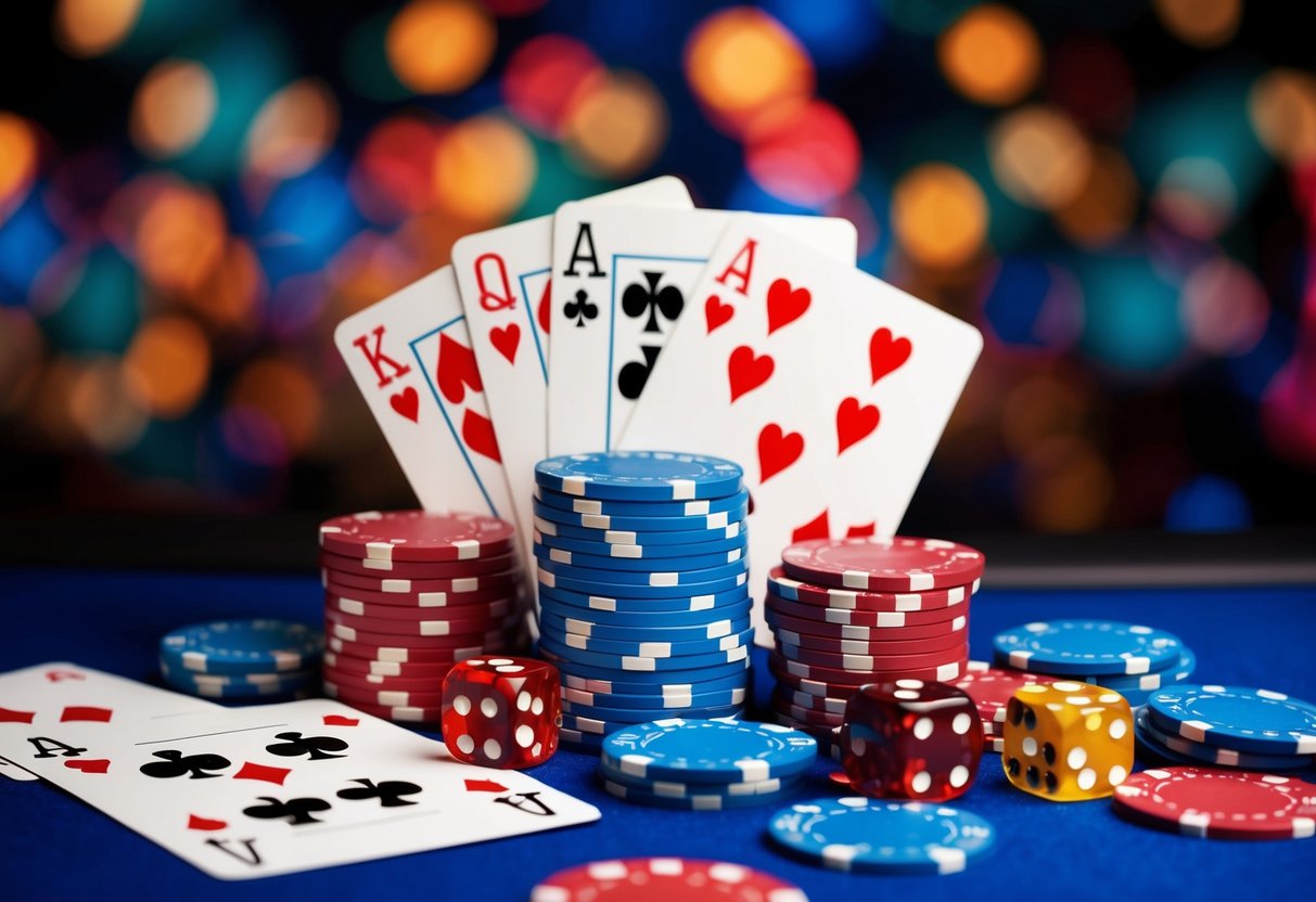 A colorful casino-themed background with playing cards, dice, and casino chips scattered around