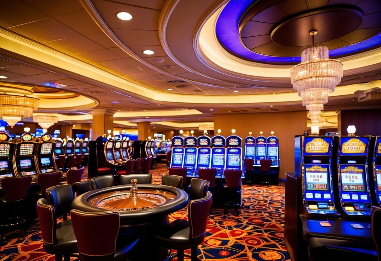 Brightly lit casino interior with slot machines, roulette tables, and a vibrant atmosphere. Excitement and anticipation fill the air