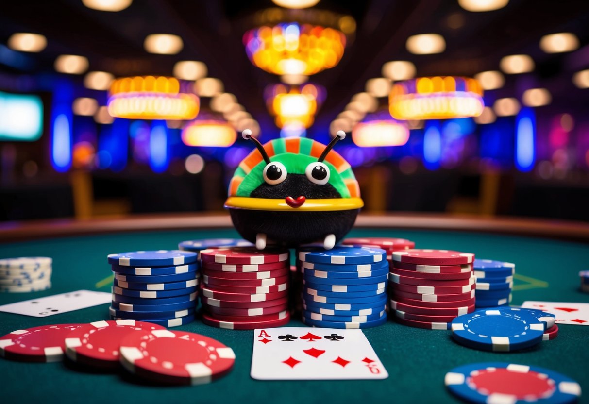 A colorful casino mite surrounded by stacks of poker chips and playing cards. The bright lights and vibrant atmosphere create an exciting and lively scene