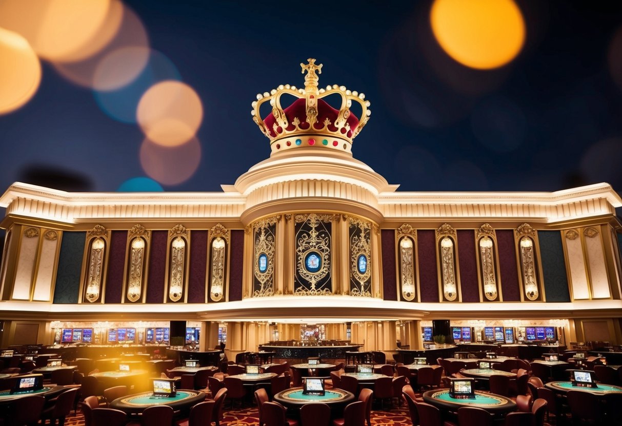 A grand casino with a regal crown motif, featuring opulent decor and lavish gaming tables