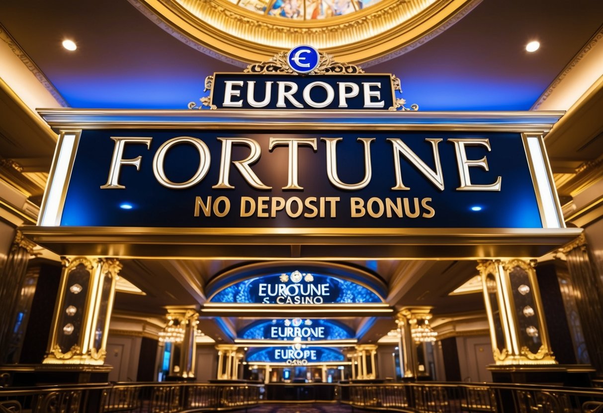 A grand European-style casino with ornate architecture and a prominent sign for "Europe Fortune Casino No Deposit Bonus" displayed prominently