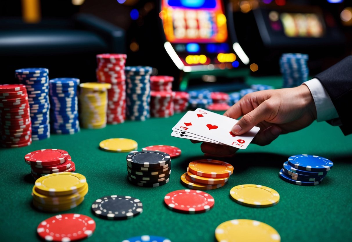 Brightly colored casino chips scattered on a green felt table. A stack of cards being shuffled by a hand. A slot machine flashing with lights