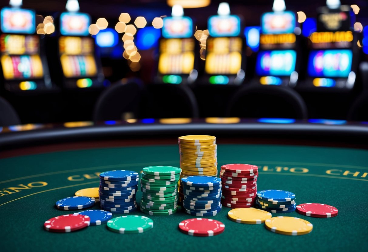 Colorful casino chips scattered on a green felt table. Slot machines flashing with bright lights in the background