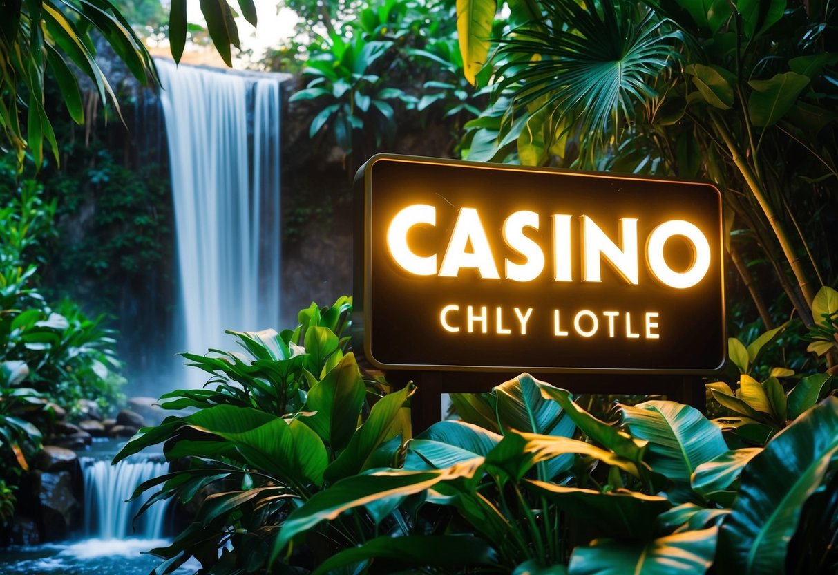 Lush jungle foliage surrounds a glowing casino sign. A waterfall cascades in the background, adding to the exotic atmosphere