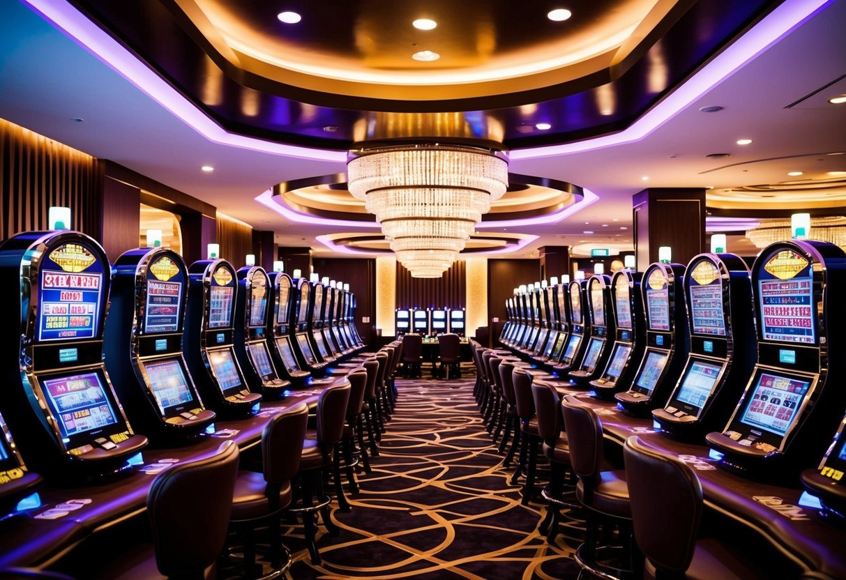 A lavish casino interior with sleek, modern design and neon lighting, featuring rows of slot machines and card tables