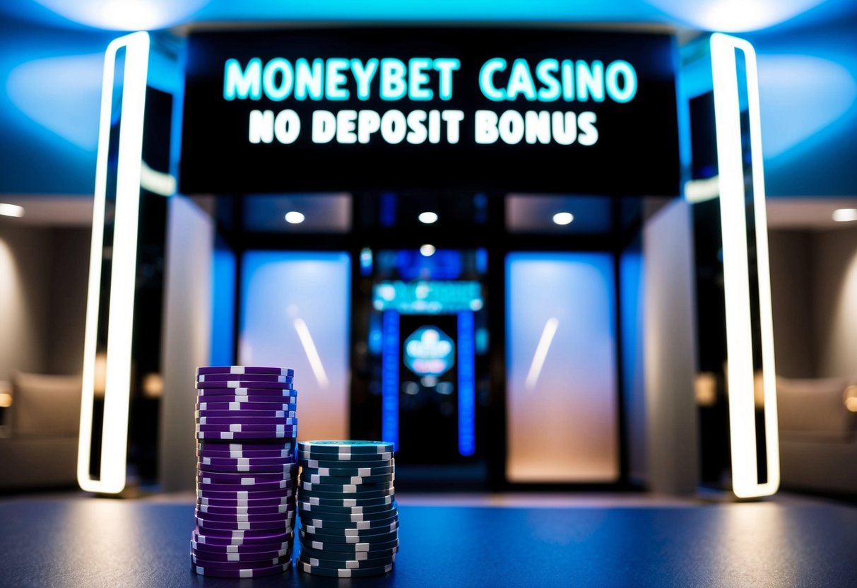 A stack of casino chips and a glowing neon sign with the words "MoneyBet Casino No Deposit Bonus" above a sleek, modern entrance