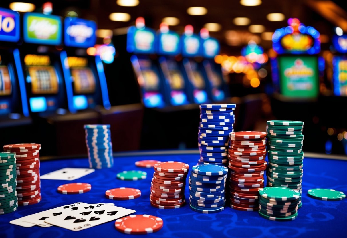 A colorful casino-themed background with slot machines, playing cards, and casino chips scattered around