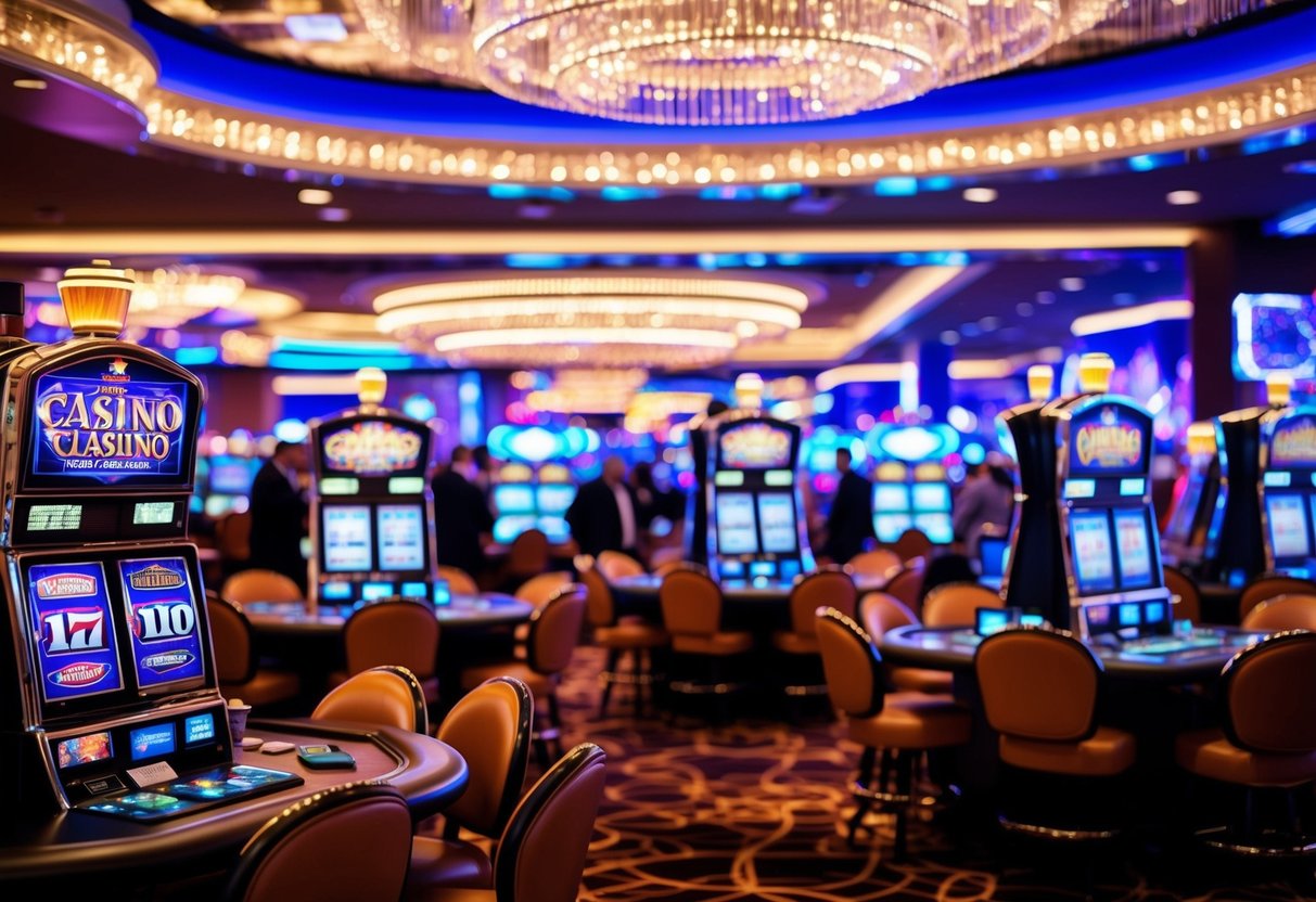 A glitzy casino with neon lights, slot machines, and card tables bustling with activity