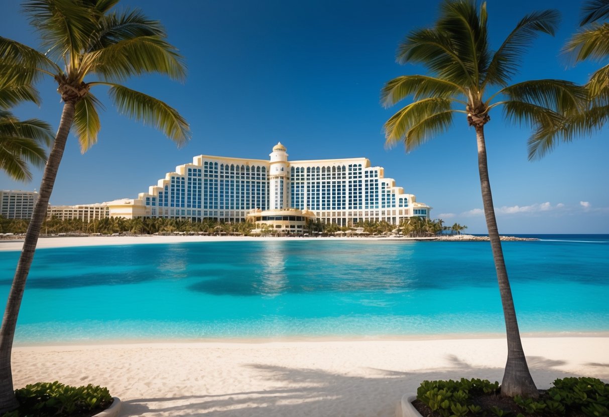 A tropical beach with palm trees and a clear blue ocean, with a luxurious casino building in the background