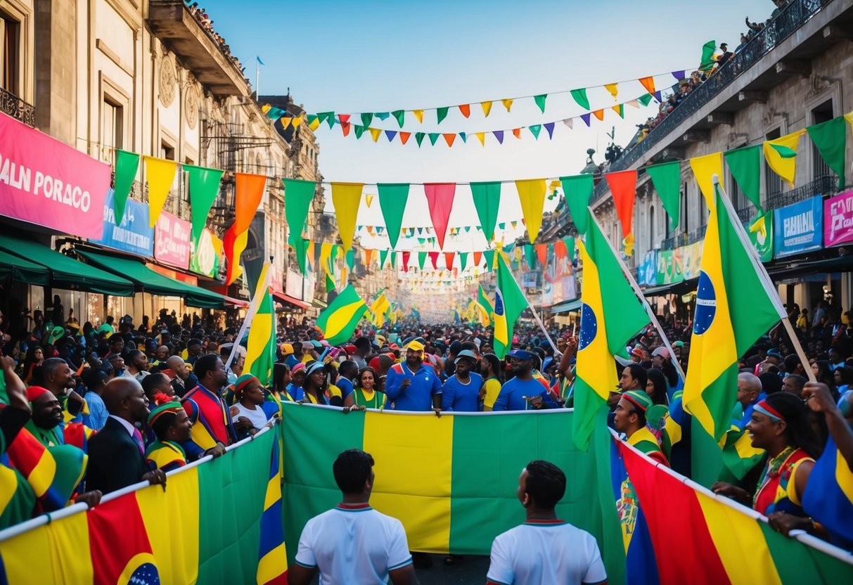 A vibrant Brazilian carnival scene with colorful banners and flags, surrounded by cheering crowds and lively music