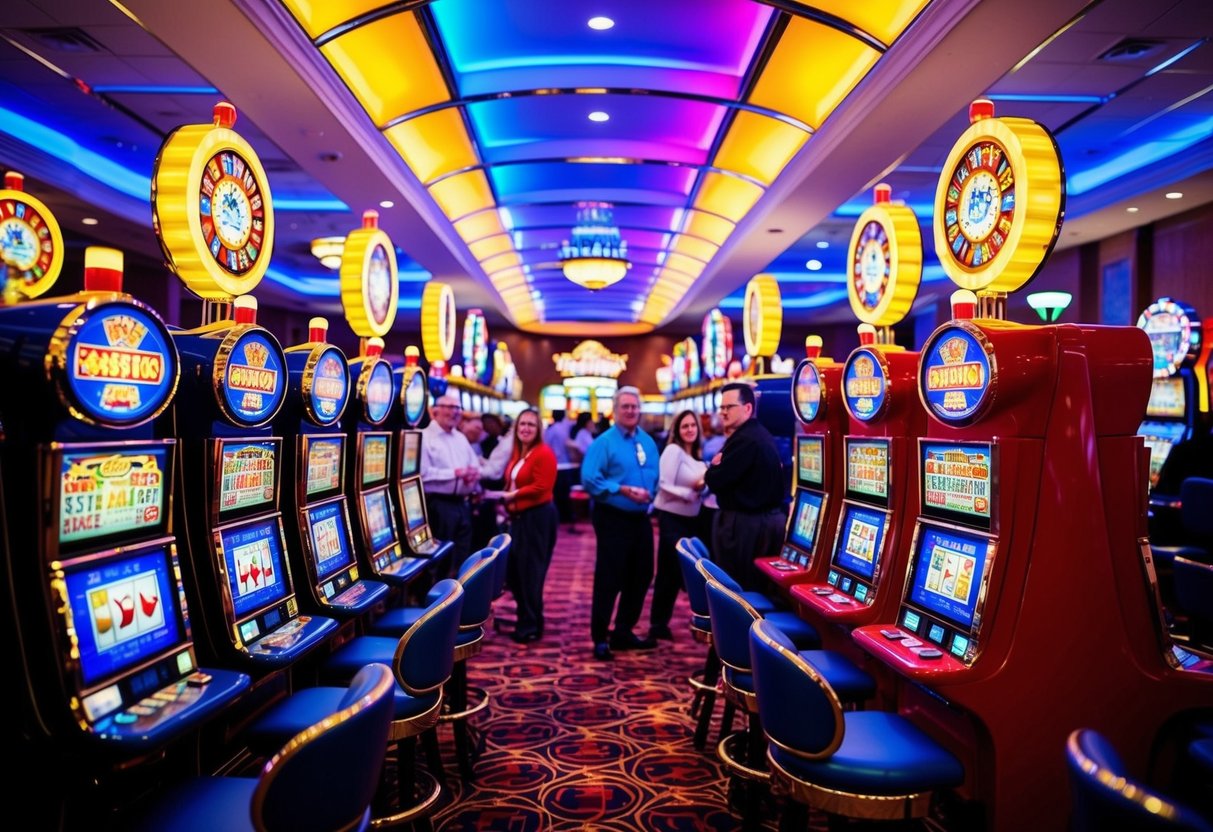 A colorful casino floor with flashing lights and retro-themed slot machines, surrounded by excited patrons