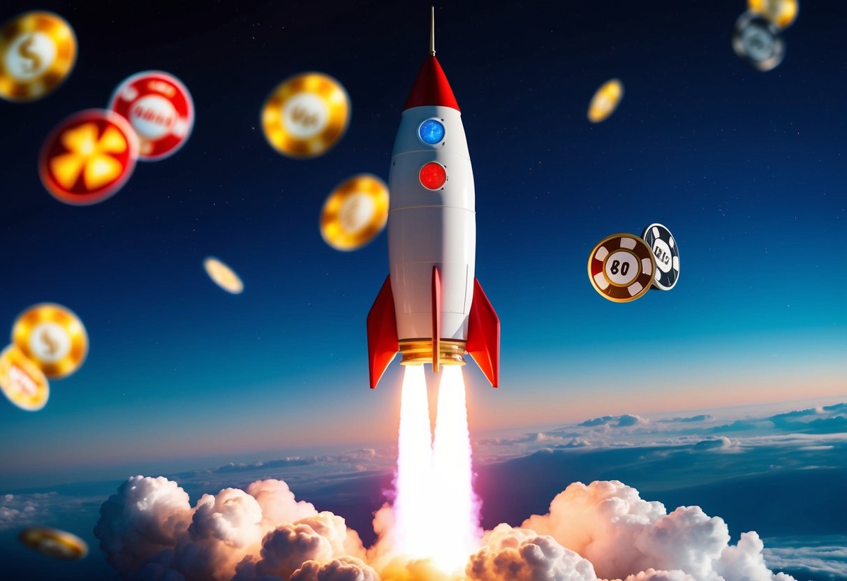 A casino-themed rocket ship launching into space with vibrant colors and spinning slot reels