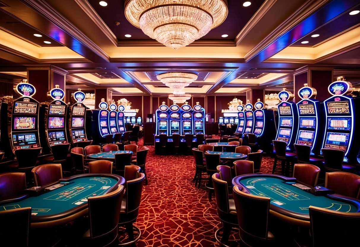 A lavish casino setting with neon lights, slot machines, and card tables bustling with activity