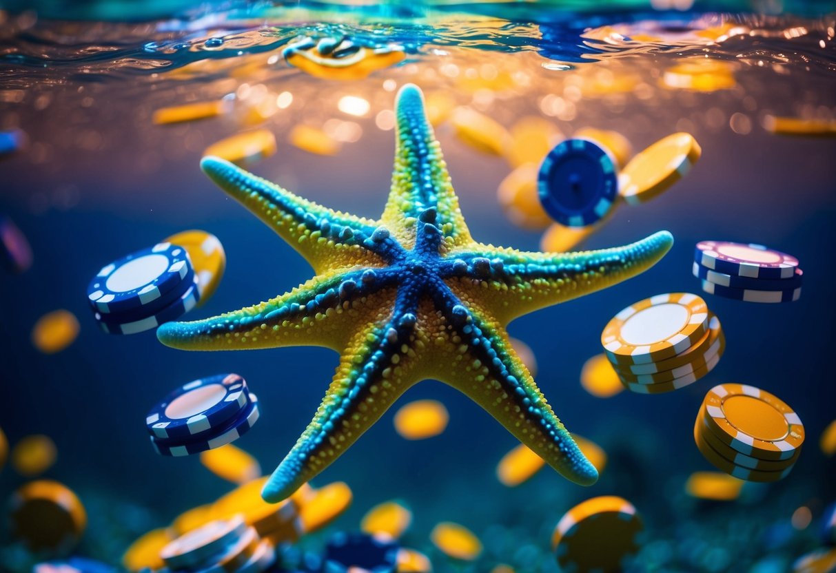 A vibrant underwater scene with a colorful sea star surrounded by casino-themed elements like dice, cards, and chips