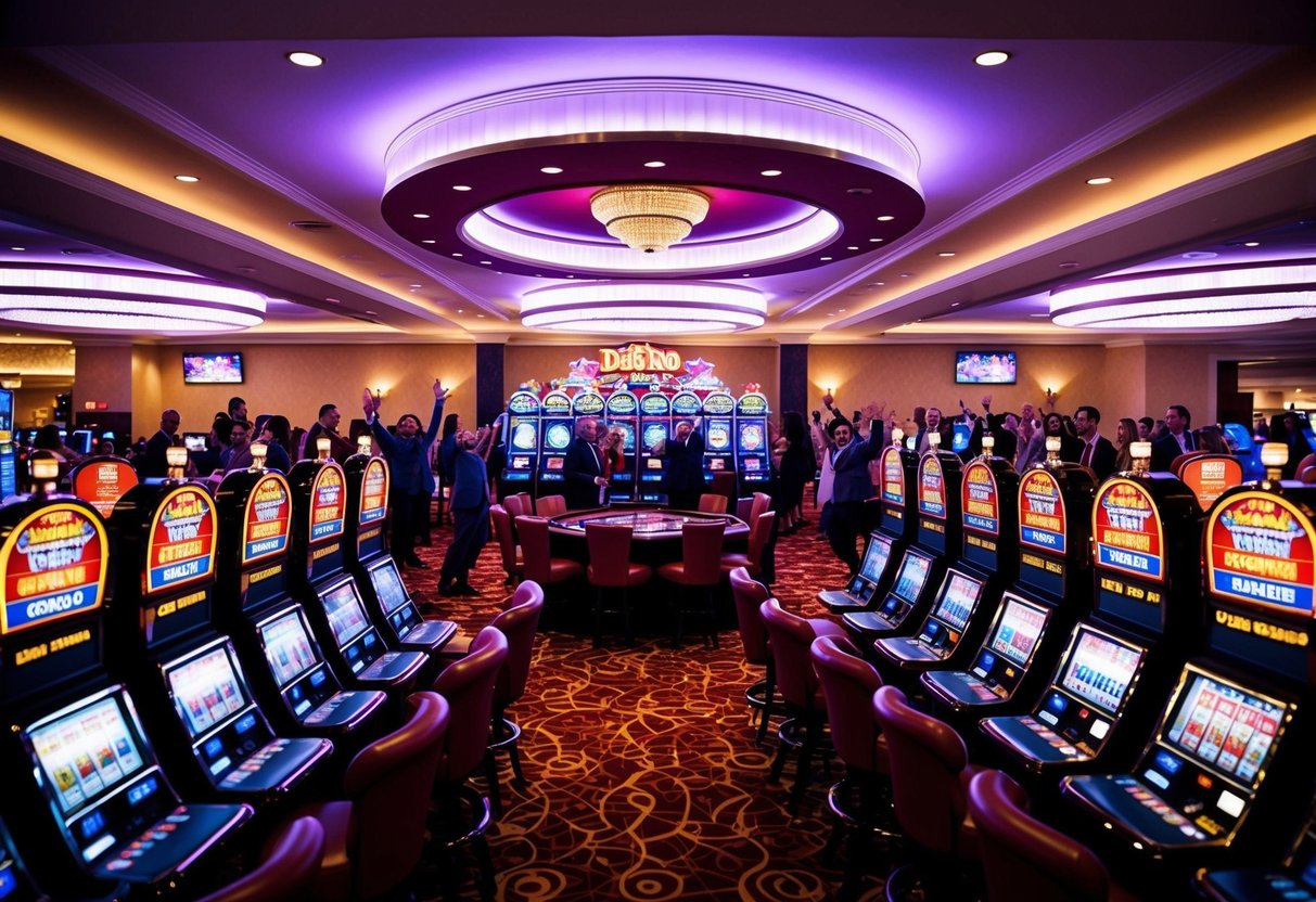 Brightly lit casino with colorful slot machines and tables, surrounded by excited patrons