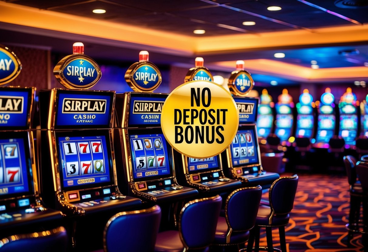 A vibrant casino setting with slot machines and gaming tables, adorned with the SirPlay logo and a prominent "No Deposit Bonus" offer