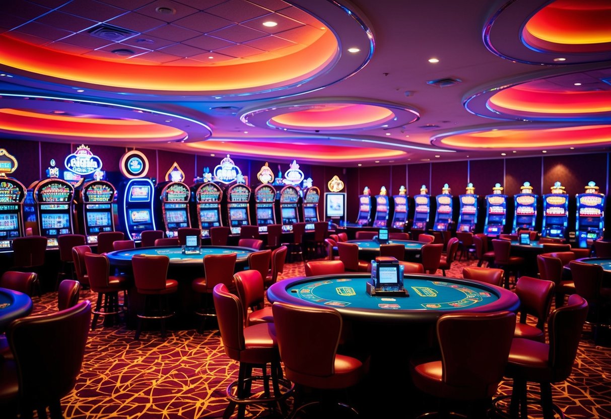 A colorful casino with neon lights, slot machines, and card tables bustling with activity