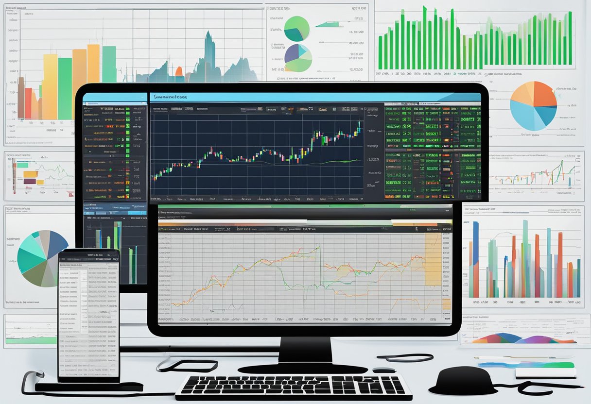 شاشة كمبيوتر تعرض مخططات الأسهم وأدوات تحليل السوق للتداول عبر الإنترنت