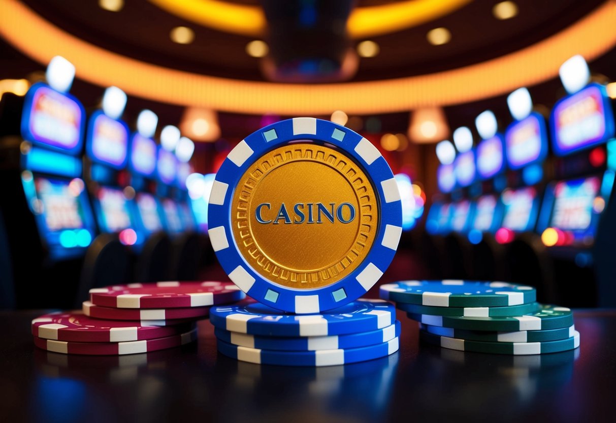 A colorful casino chip surrounded by spinning slot machines and glowing neon lights