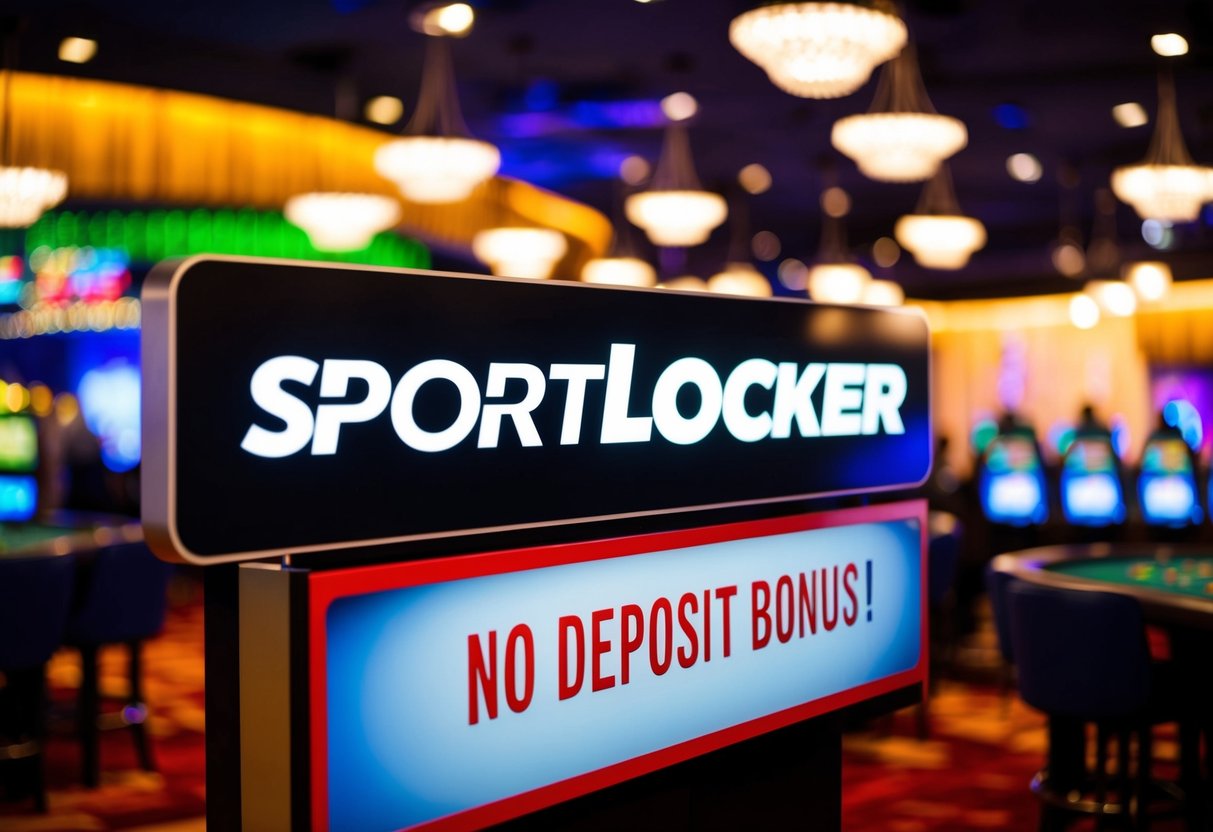 The vibrant and lively atmosphere of a Brazilian casino with a prominent "Sportlocker" logo and a tantalizing "No Deposit Bonus" offer