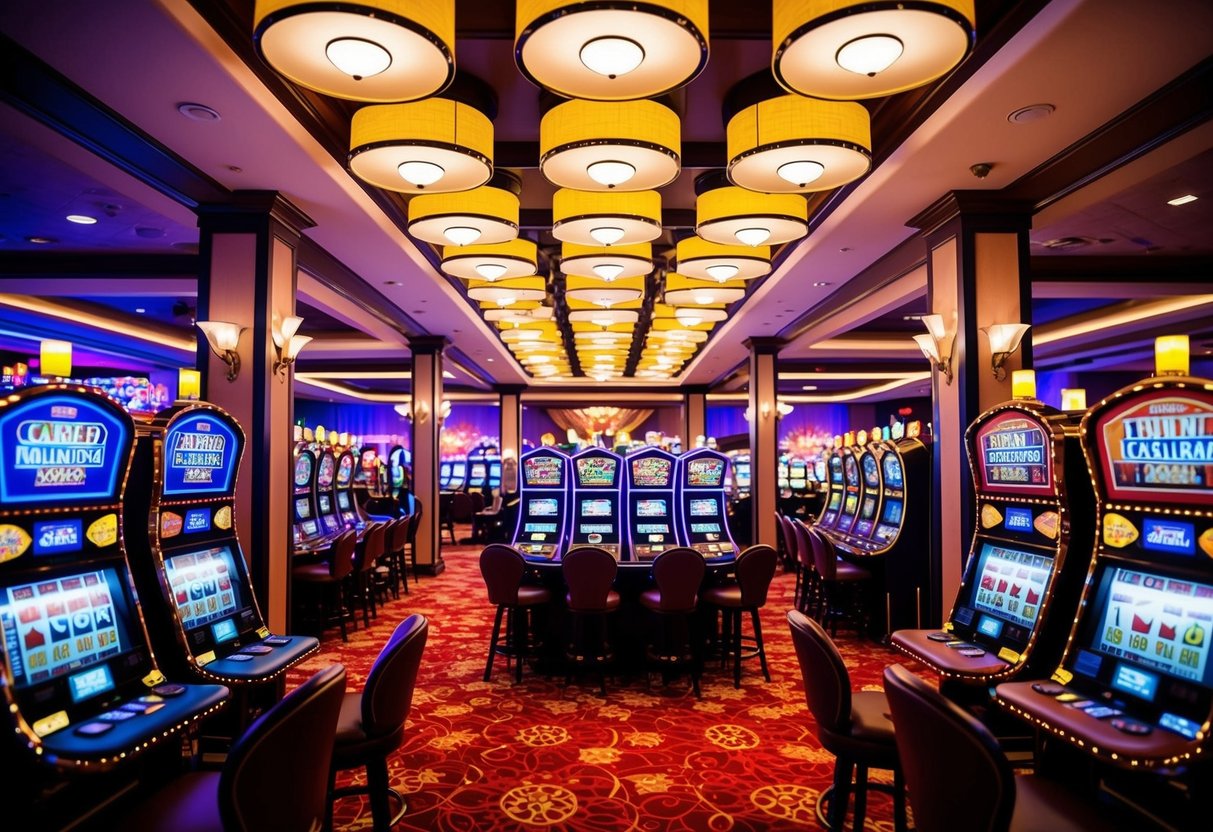 A colorful casino with bright lights and spinning slot machines, surrounded by a festive atmosphere and lively music