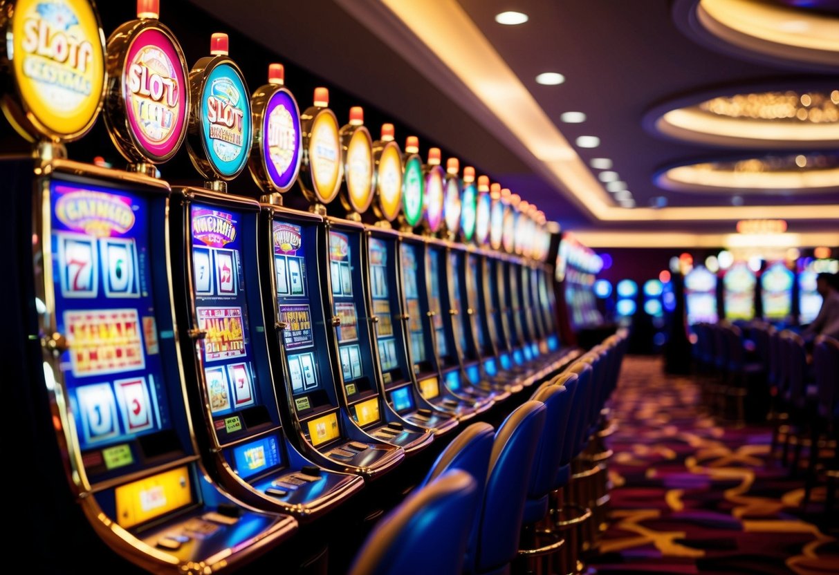 Colorful slot machines lining the walls of a bustling casino floor, with flashing lights and spinning reels creating an atmosphere of excitement and anticipation