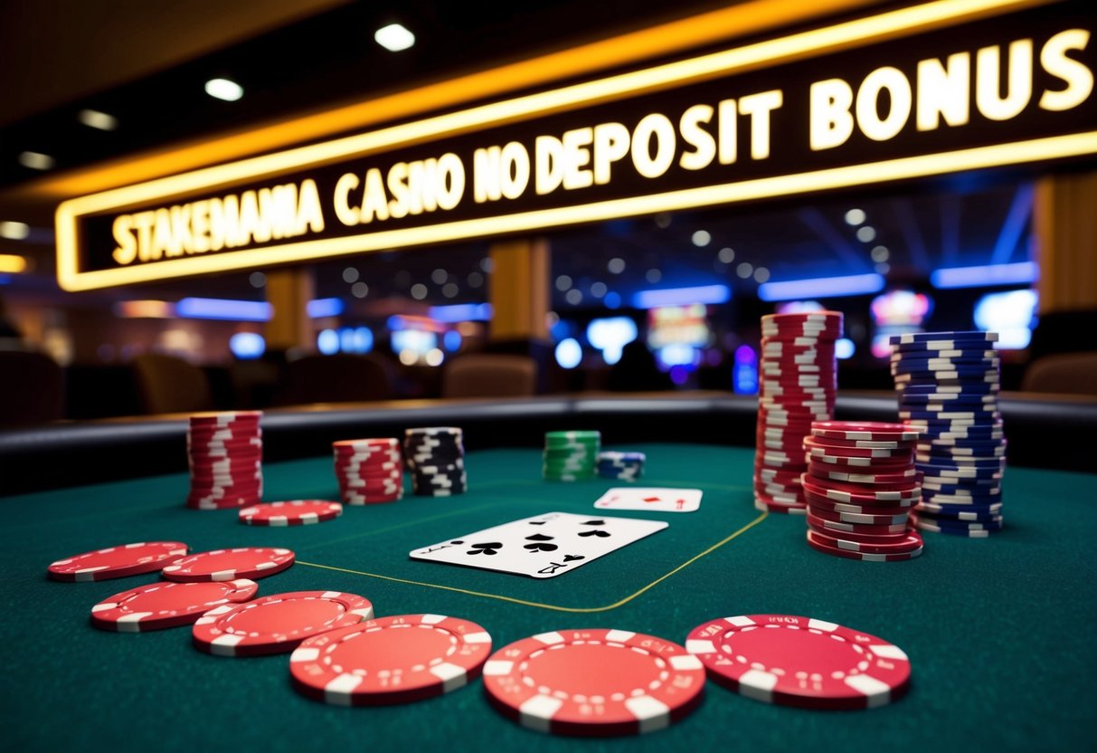 Bright casino chips and playing cards scattered on a green felt table. A neon sign flashes "StakeMania Casino No Deposit Bonus" above the bustling gaming floor