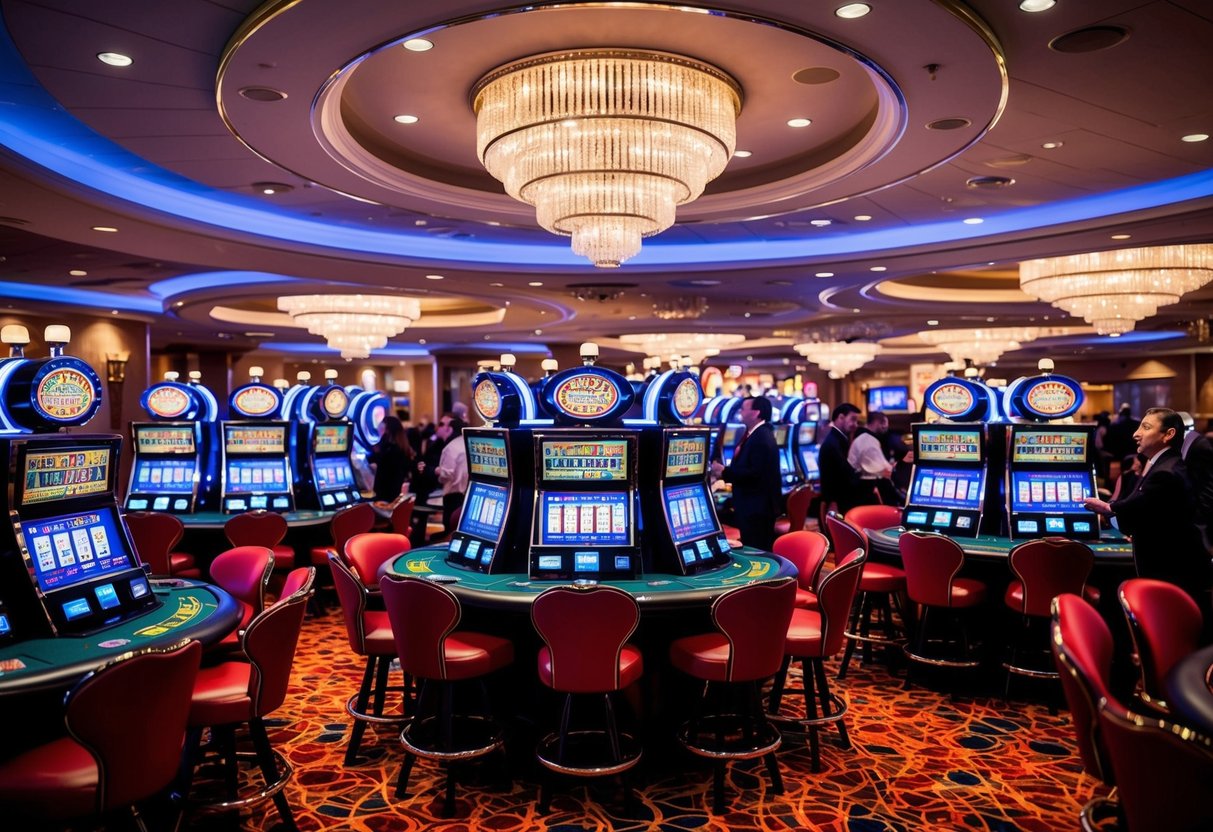 A colorful casino scene with gaming tables and slot machines, surrounded by excited players and flashing lights