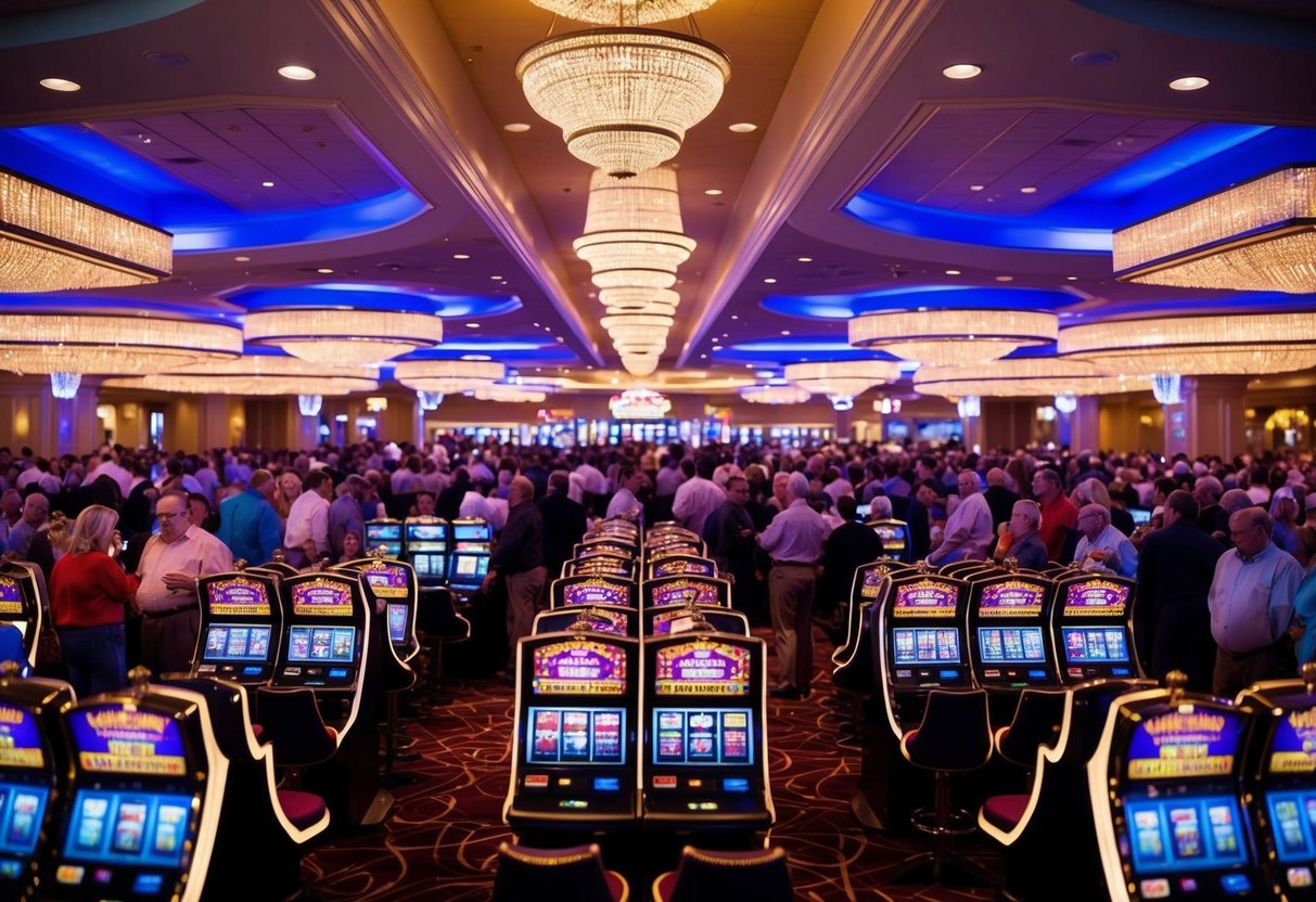 A vibrant casino floor with flashing lights and slot machines, surrounded by a bustling crowd of excited patrons