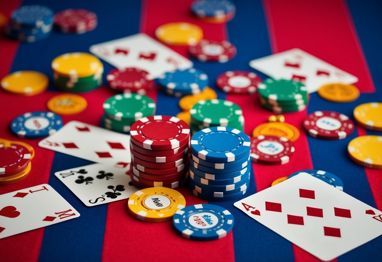 A colorful casino-themed background with playing cards, dice, and casino chips scattered around