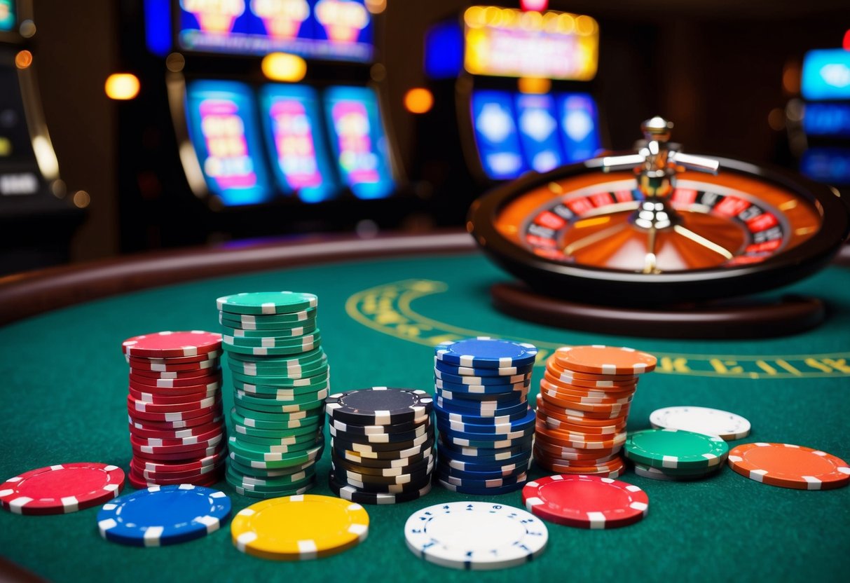 Colorful casino chips scattered on a green felt table. Slot machines flash with bright lights, and a roulette wheel spins