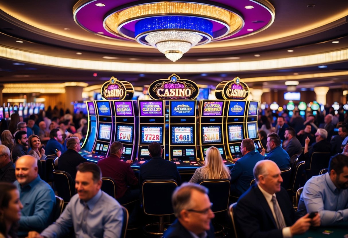 A colorful casino with flashing lights and slot machines, surrounded by a bustling crowd of excited gamblers