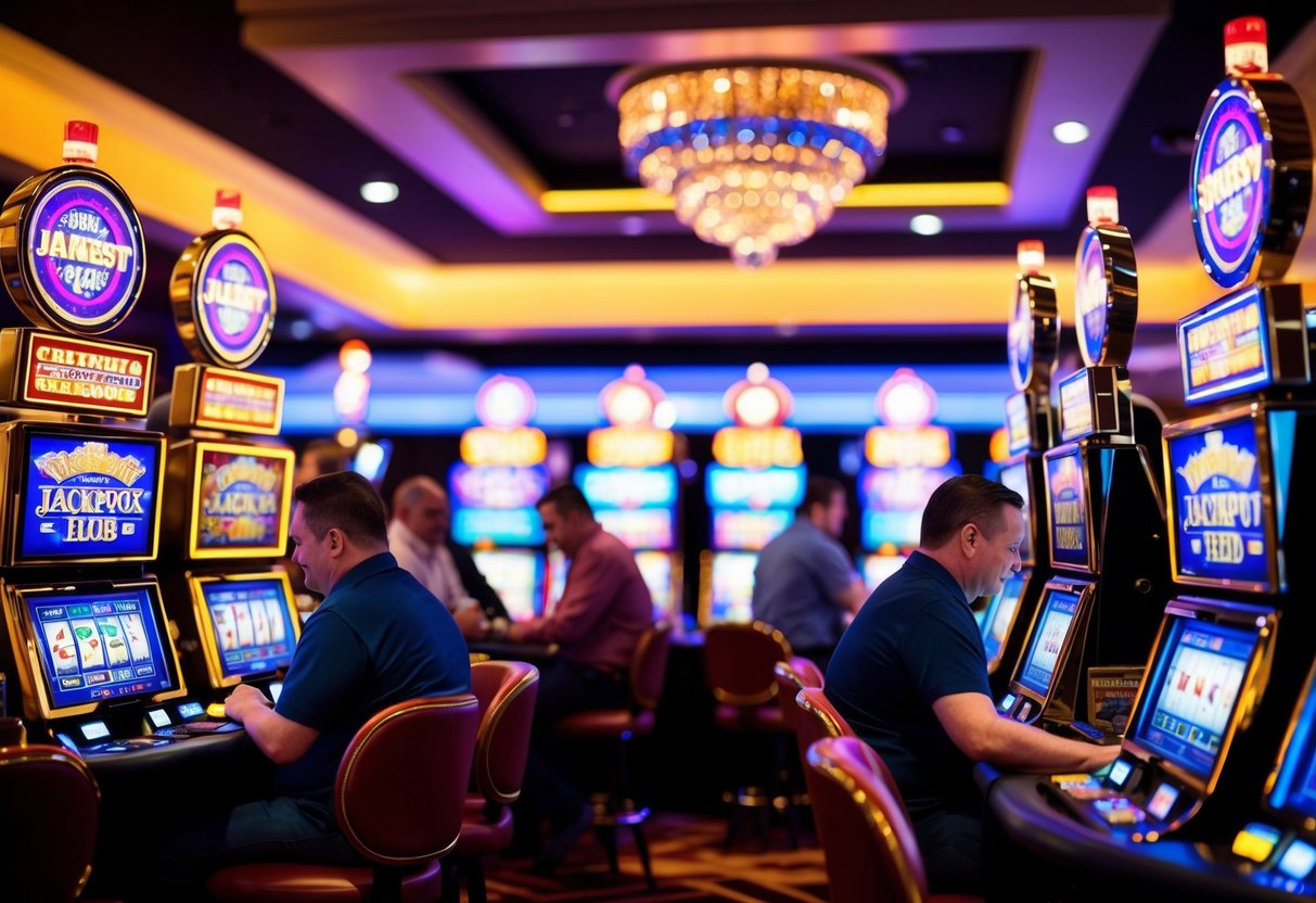 Bright lights and colorful slot machines fill the bustling VegasJackpotHub Casino, with players eagerly trying their luck at the tables