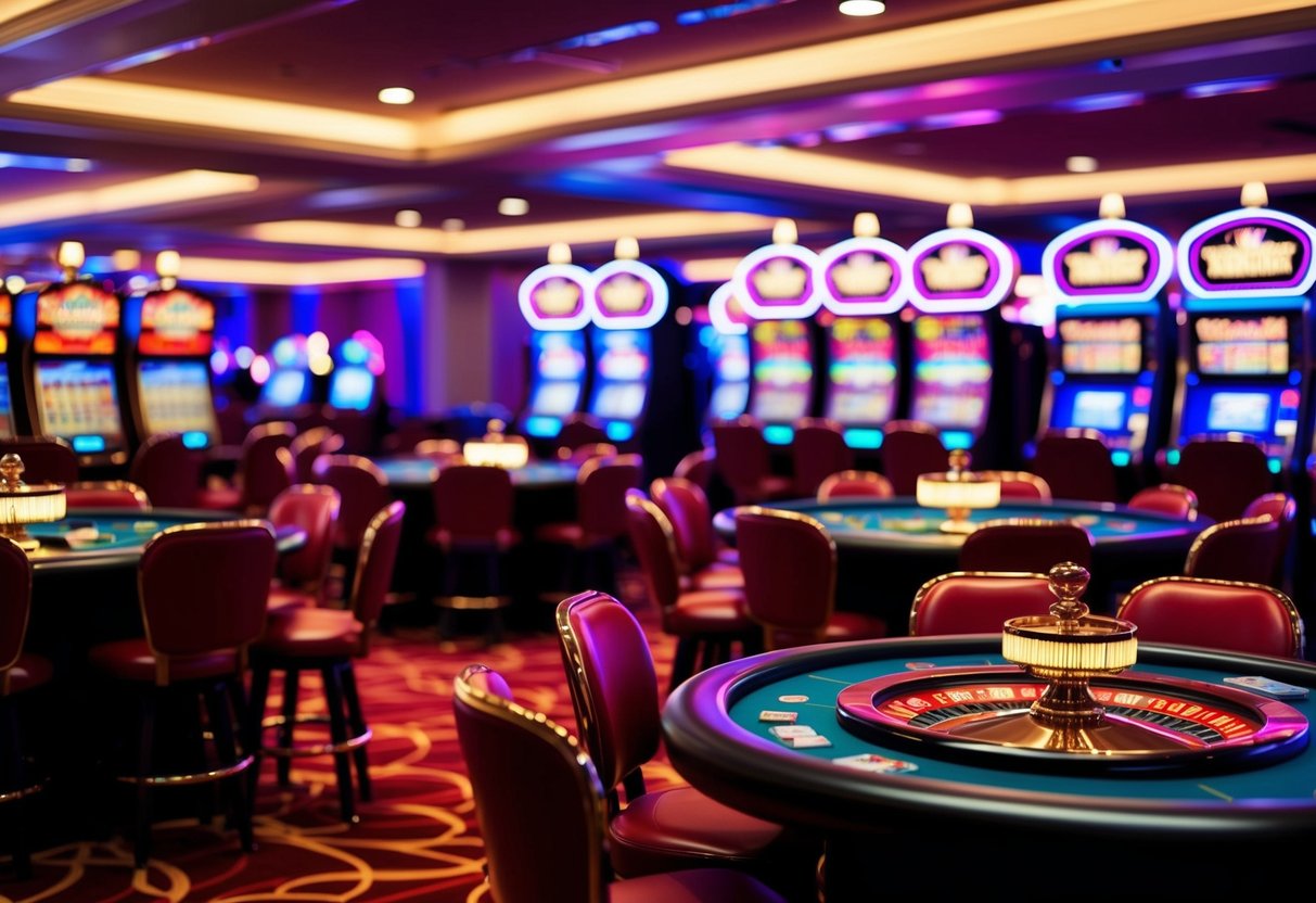 A vibrant casino scene with slot machines, card tables, and neon lights