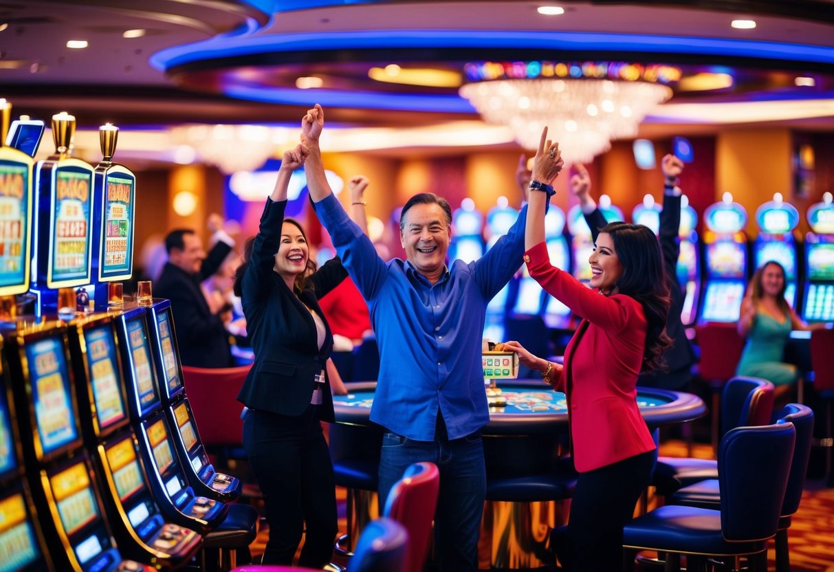 Brightly lit casino with colorful slot machines and tables. Excited patrons celebrating wins and enjoying the lively atmosphere