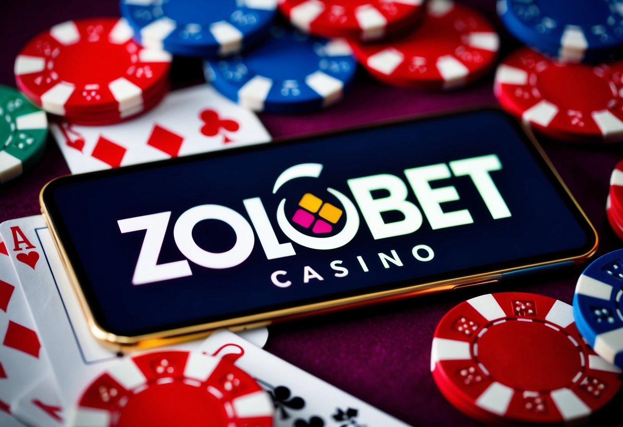 The ZoloBet Casino logo surrounded by colorful casino chips and playing cards