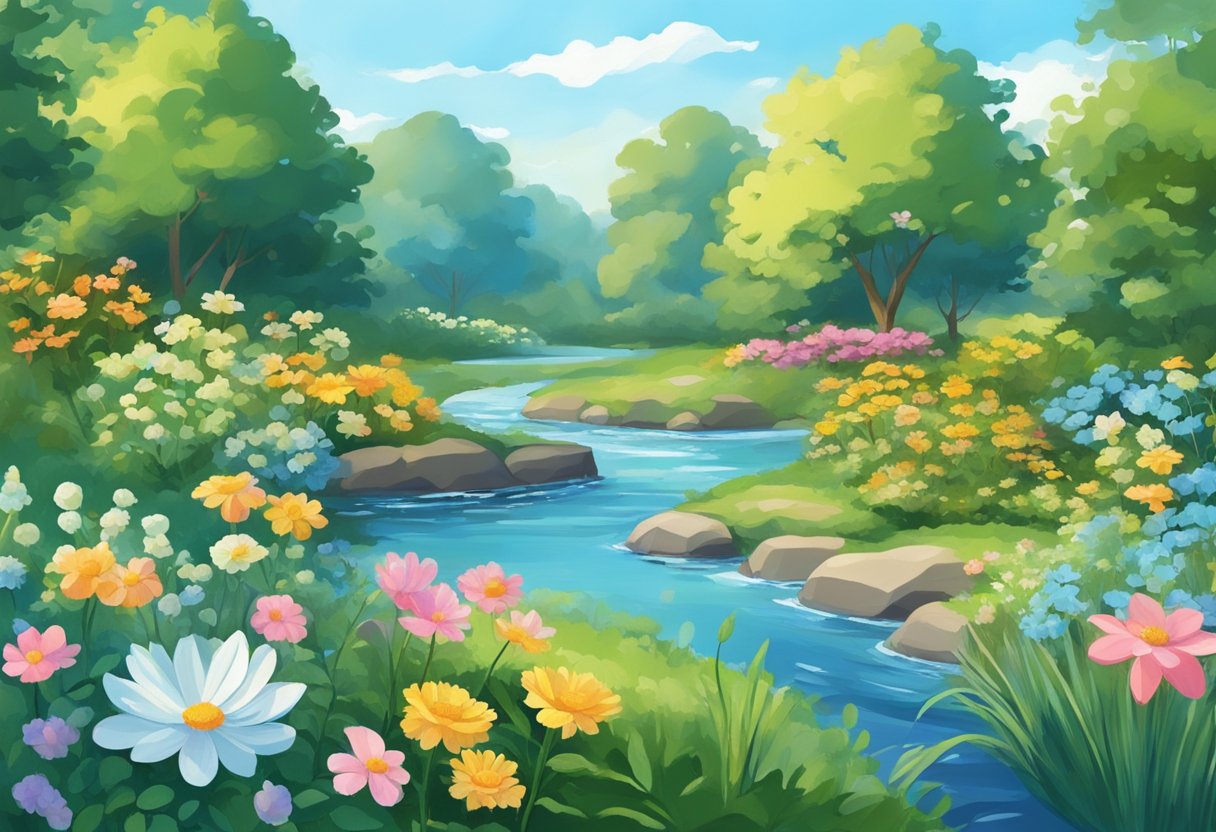 A serene garden with blooming flowers, a flowing stream, and a clear blue sky, symbolizing the interconnectedness and unity of all living beings