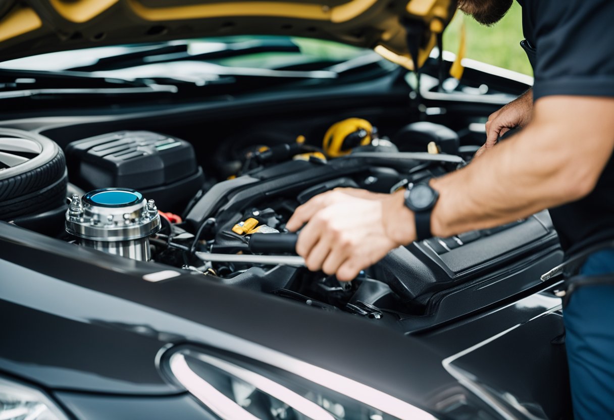 A technician uses a wrench to tighten bolts on a park assist system. Wires and sensors are visible on the car's bumper