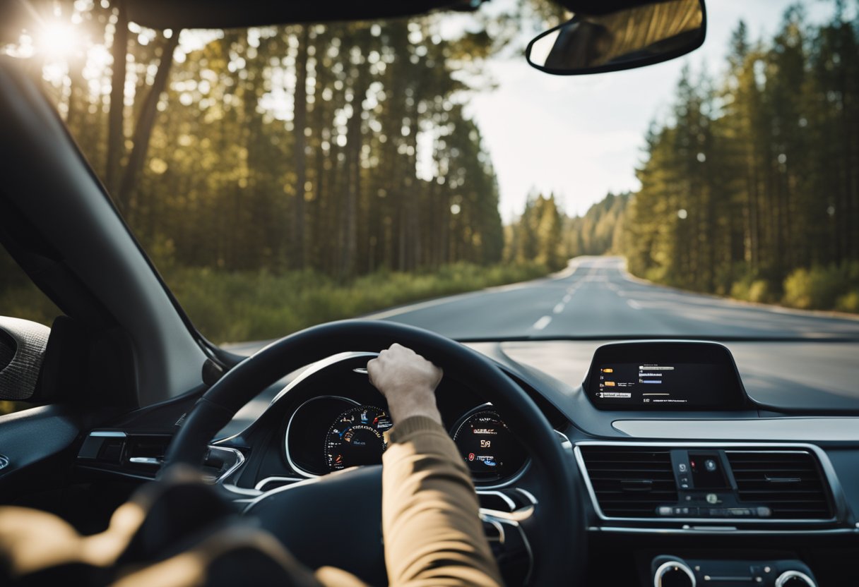 A car's steering wheel vibrates then steadies as it speeds down a winding road