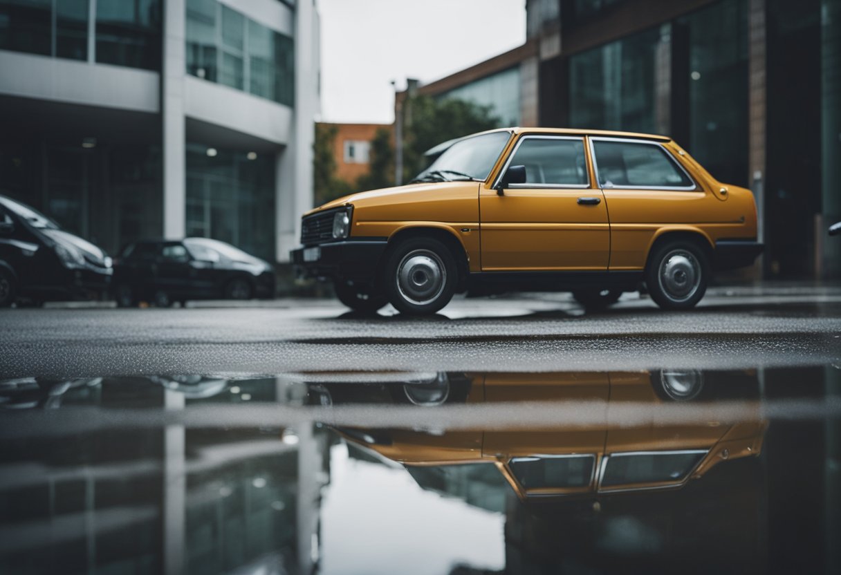 A parked car with water leaking from the engine, creating a small puddle on the ground