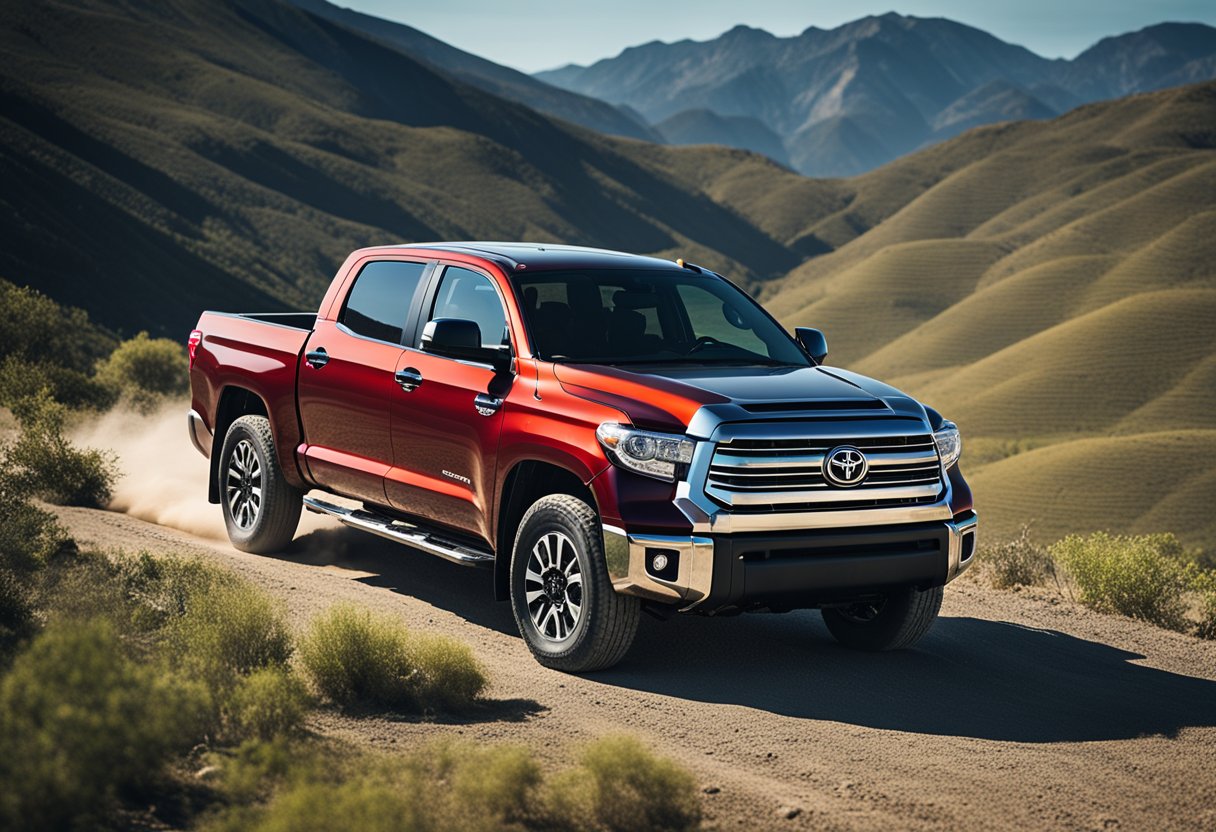 A Toyota Tundra drives confidently through a rugged terrain, its Traction Assistance and Auto LSD systems ensuring stability and control