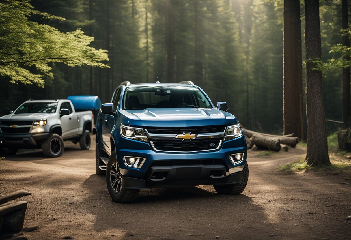 A Chevy Colorado parked in a forest clearing, with various cabin configurations and bed sizes visible