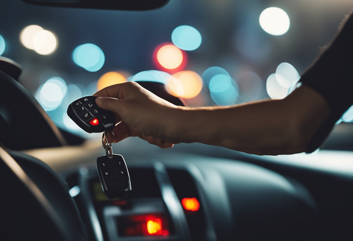 A hand reaching towards a car's key fob with a red warning light displayed on the dashboard